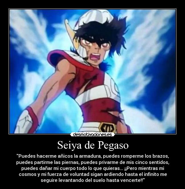 Seiya de Pegaso - Puedes hacerme añicos la armadura, puedes romperme los brazos,
puedes partirme las piernas, puedes privarme de mis cinco sentidos,
puedes dañar mi cuerpo todo lo que quieras... ¡¡Pero mientras mi
cosmos y mi fuerza de voluntad sigan ardiendo hasta el infinito me
seguire levantando del suelo hasta vencerte!!