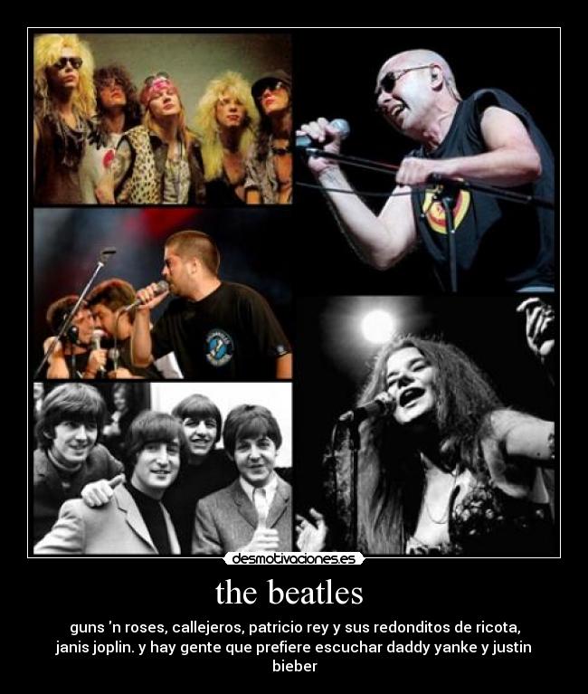 the beatles  - guns n roses, callejeros, patricio rey y sus redonditos de ricota,
janis joplin. y hay gente que prefiere escuchar daddy yanke y justin
bieber