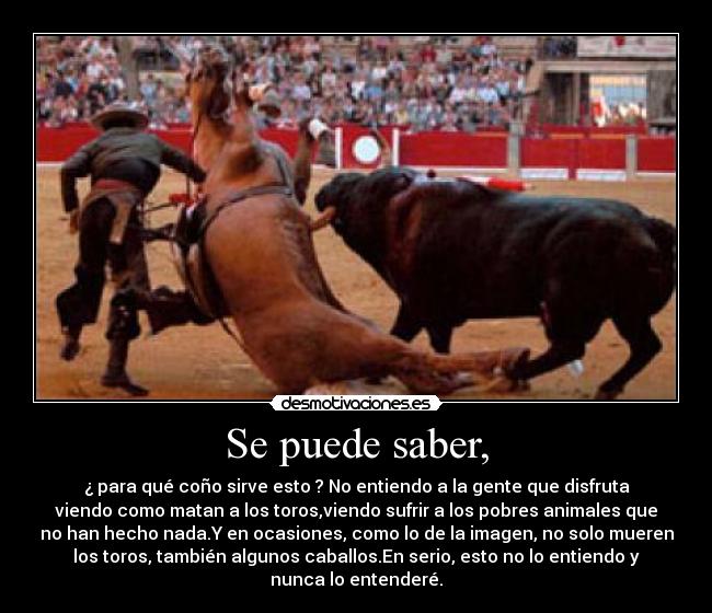 Se puede saber, - ¿ para qué coño sirve esto ? No entiendo a la gente que disfruta
viendo como matan a los toros,viendo sufrir a los pobres animales que
no han hecho nada.Y en ocasiones, como lo de la imagen, no solo mueren
los toros, también algunos caballos.En serio, esto no lo entiendo y
nunca lo entenderé.