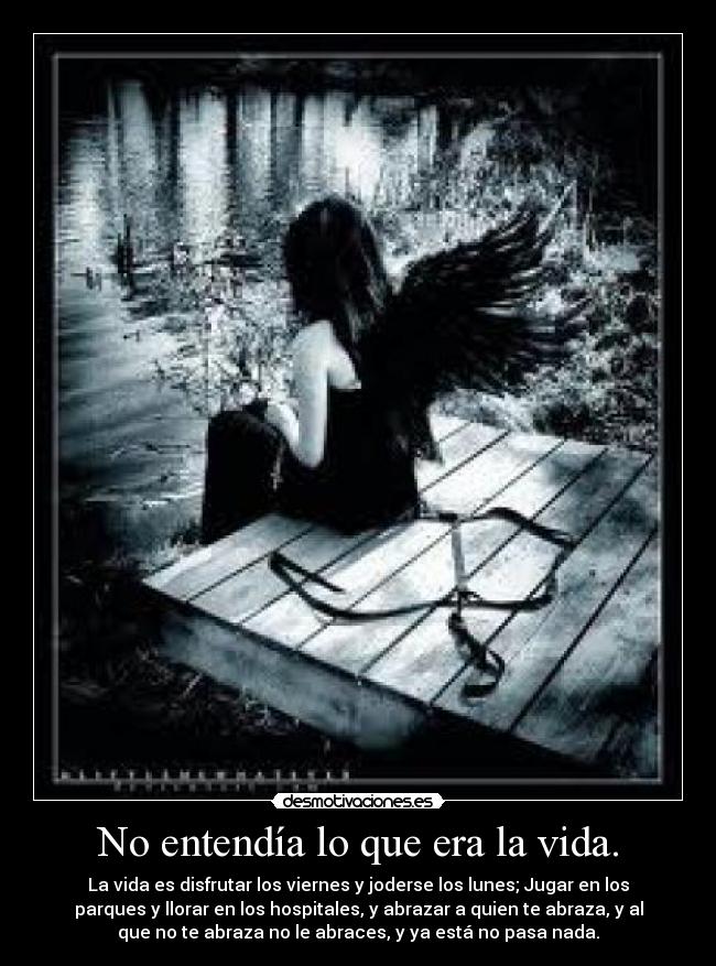 No entendía lo que era la vida. - La vida es disfrutar los viernes y joderse los lunes; Jugar en los
parques y llorar en los hospitales, y abrazar a quien te abraza, y al
que no te abraza no le abraces, y ya está no pasa nada.