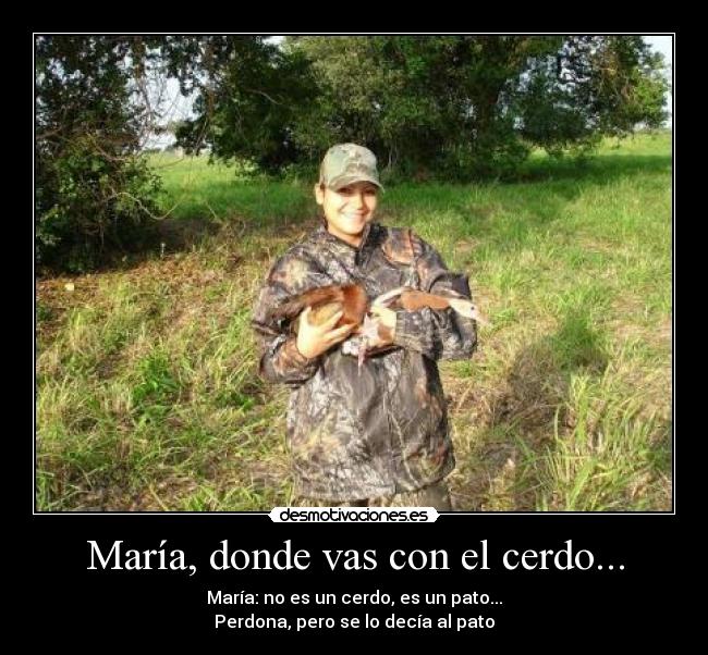 María, donde vas con el cerdo... - María: no es un cerdo, es un pato...
Perdona, pero se lo decía al pato