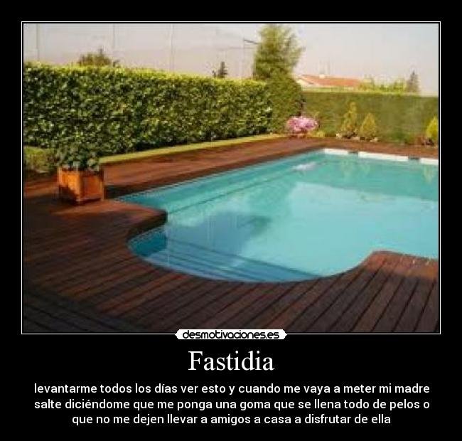 Fastidia - levantarme todos los días ver esto y cuando me vaya a meter mi madre
salte diciéndome que me ponga una goma que se llena todo de pelos o
que no me dejen llevar a amigos a casa a disfrutar de ella