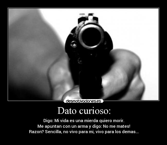 Dato curioso: - Digo: Mi vida es una mierda quiero morir.
Me apuntan con un arma y digo: No me mates!
Razon? Sencilla, no vivo para mi, vivo para los demas...
