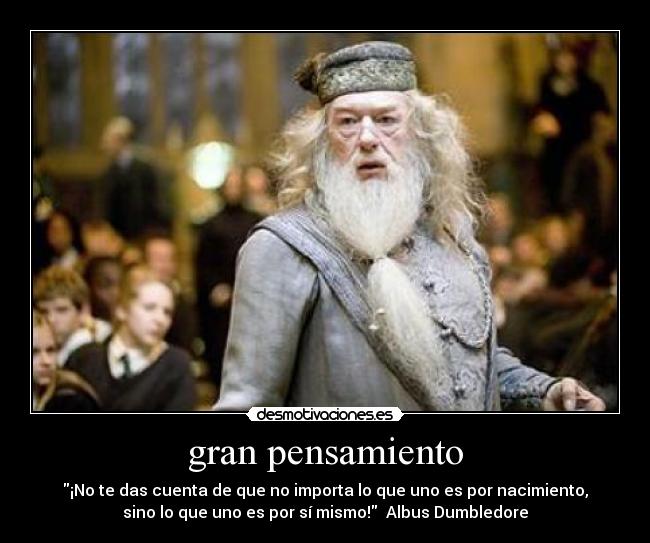 gran pensamiento - ¡No te das cuenta de que no importa lo que uno es por nacimiento,
sino lo que uno es por sí mismo! Albus Dumbledore