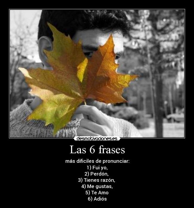 Las 6 frases - más dificiles de pronunciar:
1) Fui yo,
2) Perdón,
3) Tienes razón,
4) Me gustas,
5) Te Amo
6) Adiós