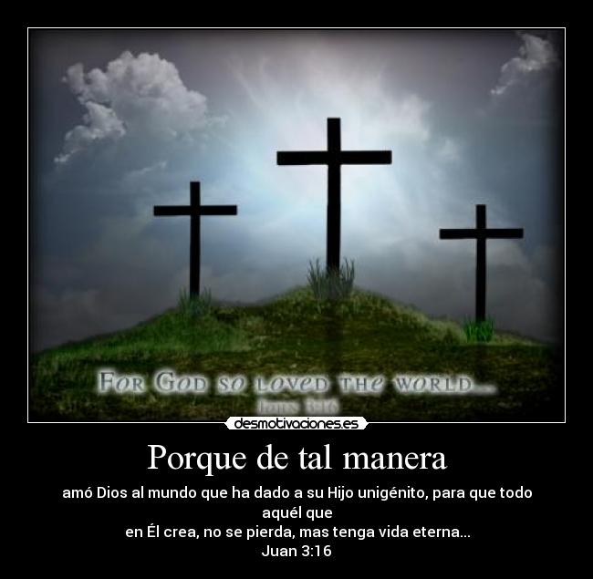 Porque de tal manera - amó Dios al mundo que ha dado a su Hijo unigénito, para que todo aquél que
en Él crea, no se pierda, mas tenga vida eterna...
Juan 3:16