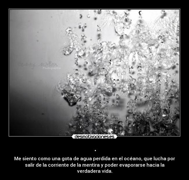 . - Me siento como una gota de agua perdida en el océano, que lucha por
salir de la corriente de la mentira y poder evaporarse hacia la
verdadera vida.