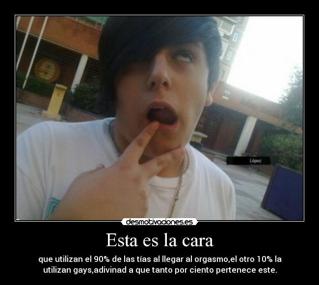 Esta es la cara - que utilizan el 90% de las tías al llegar al orgasmo,el otro 10% la
utilizan gays,adivinad a que tanto por ciento pertenece este.