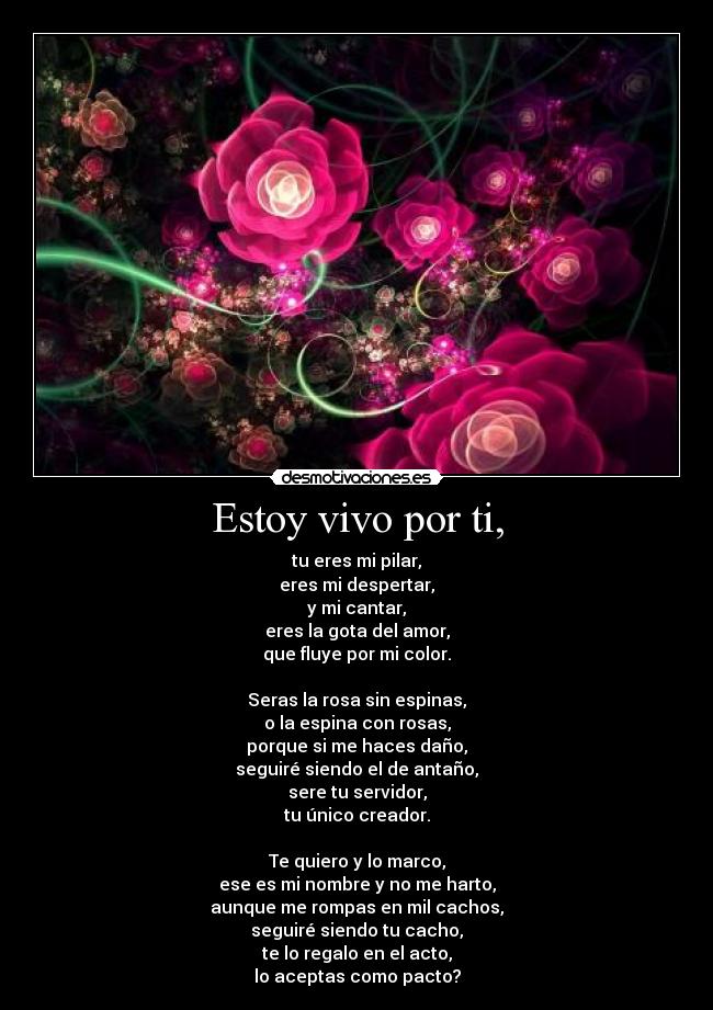 Estoy vivo por ti, - tu eres mi pilar,
eres mi despertar,
y mi cantar,
eres la gota del amor,
que fluye por mi color.

Seras la rosa sin espinas,
o la espina con rosas,
porque si me haces daño,
seguiré siendo el de antaño,
sere tu servidor,
tu único creador.

Te quiero y lo marco,
ese es mi nombre y no me harto,
aunque me rompas en mil cachos,
seguiré siendo tu cacho,
te lo regalo en el acto,
lo aceptas como pacto?