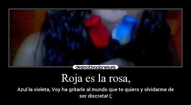 Roja es la rosa, - Azul la violeta, Voy ha gritarle al mundo que te quiero y olvidarme de ser discreta! (;