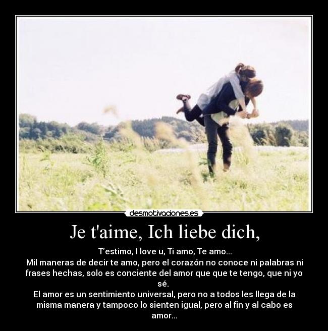 Je taime, Ich liebe dich, -  Testimo, I love u, Ti amo, Te amo...
Mil maneras de decir te amo, pero el corazón no conoce ni palabras ni
frases hechas, solo es conciente del amor que que te tengo, que ni yo
sé. 
El amor es un sentimiento universal, pero no a todos les llega de la
misma manera y tampoco lo sienten igual, pero al fin y al cabo es
amor...