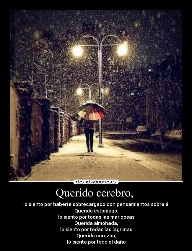 Querido cerebro, - lo siento por haberte sobrecargado con pensamientos sobre él
Querido estomago,
lo siento por todas las mariposas
Querida almohada,
lo siento por todas las lagrimas
Querido corazón,
lo siento por todo el daño