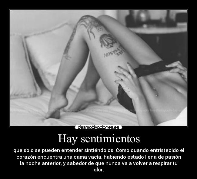 Hay sentimientos - que solo se pueden entender sintiéndolos. Como cuando entristecido el
corazón encuentra una cama vacía, habiendo estado llena de pasión
la noche anterior, y sabedor de que nunca va a volver a respirar tu
olor.