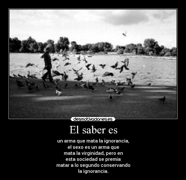 El saber es - un arma que mata la ignorancia,
el sexo es un arma que
mata la virginidad, pero en
esta sociedad se premia
matar a lo segundo conservando
la ignorancia.