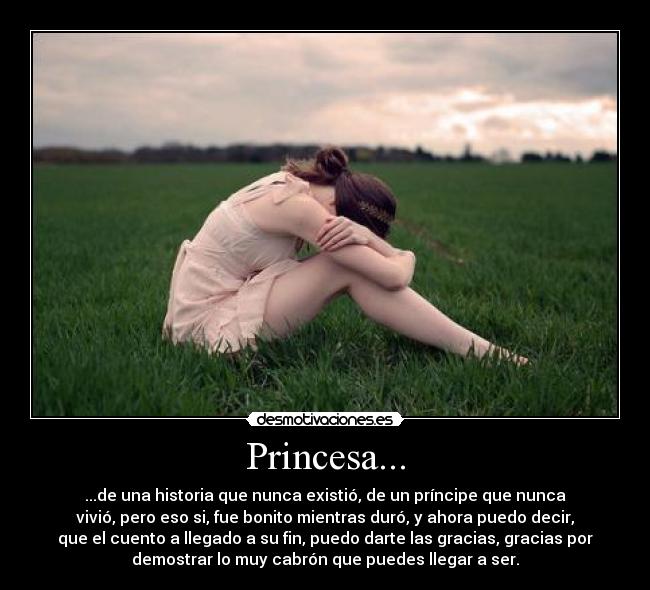 Princesa... - ...de una historia que nunca existió, de un príncipe que nunca
vivió, pero eso si, fue bonito mientras duró, y ahora puedo decir,
que el cuento a llegado a su fin, puedo darte las gracias, gracias por
demostrar lo muy cabrón que puedes llegar a ser.