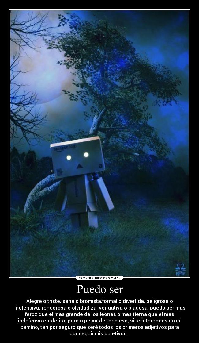 Puedo ser - Alegre o triste, seria o bromista,formal o divertida, peligrosa o
inofensiva, rencorosa o olvidadiza, vengativa o piadosa, puedo ser mas
feroz que el mas grande de los leones o mas tierna que el mas
indefenso corderito; pero a pesar de todo eso, si te interpones en mi
camino, ten por seguro que seré todos los primeros adjetivos para
conseguir mis objetivos...