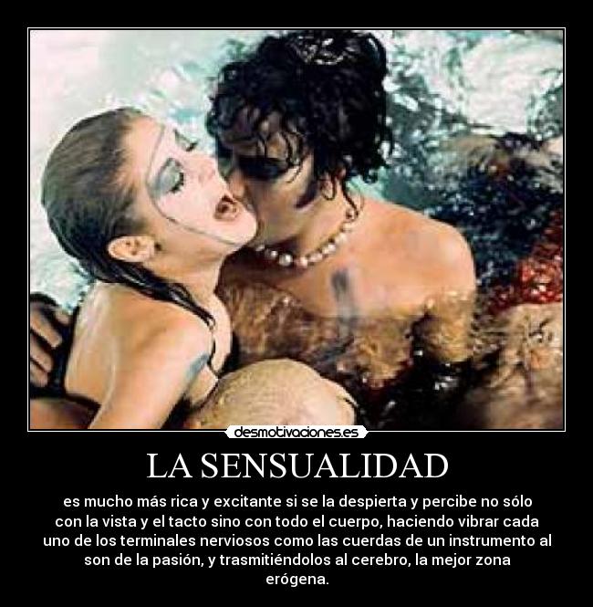 LA SENSUALIDAD - es mucho más rica y excitante si se la despierta y percibe no sólo
con la vista y el tacto sino con todo el cuerpo, haciendo vibrar cada
uno de los terminales nerviosos como las cuerdas de un instrumento al
son de la pasión, y trasmitiéndolos al cerebro, la mejor zona
erógena.