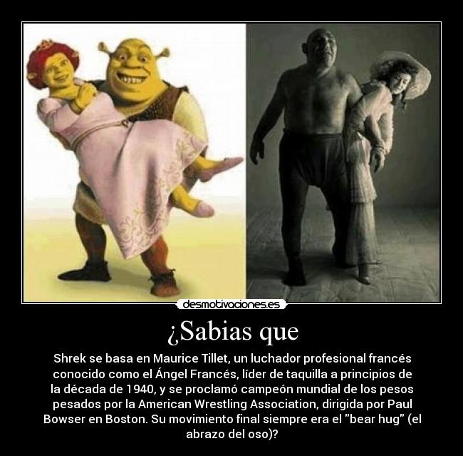 ¿Sabias que - Shrek se basa en Maurice Tillet, un luchador profesional francés
conocido como el Ángel Francés, líder de taquilla a principios de
la década de 1940, y se proclamó campeón mundial de los pesos
pesados por la American Wrestling Association, dirigida por Paul
Bowser en Boston. Su movimiento final siempre era el bear hug (el
abrazo del oso)?