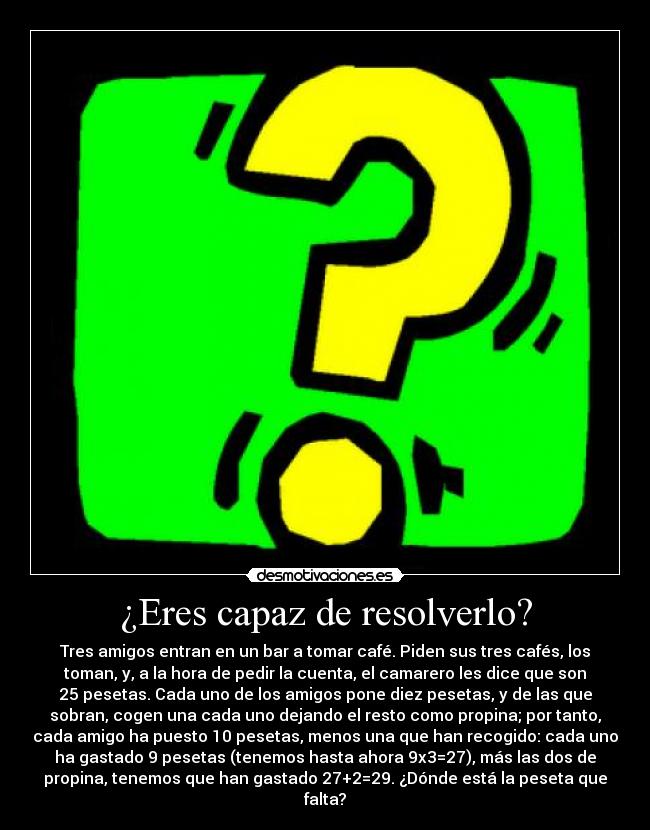 ¿Eres capaz de resolverlo? - Tres amigos entran en un bar a tomar café. Piden sus tres cafés, los
toman, y, a la hora de pedir la cuenta, el camarero les dice que son
25 pesetas. Cada uno de los amigos pone diez pesetas, y de las que
sobran, cogen una cada uno dejando el resto como propina; por tanto,
cada amigo ha puesto 10 pesetas, menos una que han recogido: cada uno
ha gastado 9 pesetas (tenemos hasta ahora 9x3=27), más las dos de
propina, tenemos que han gastado 27+2=29. ¿Dónde está la peseta que
falta?