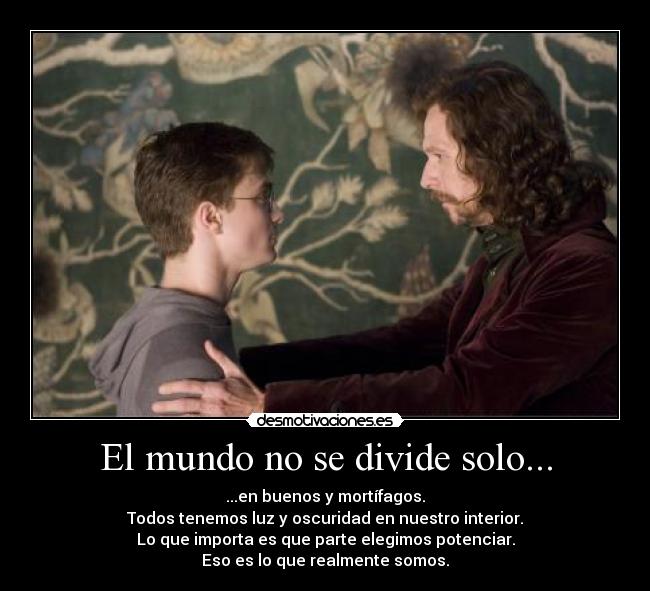 El mundo no se divide solo... - ...en buenos y mortífagos.
Todos tenemos luz y oscuridad en nuestro interior.
Lo que importa es que parte elegimos potenciar.
Eso es lo que realmente somos.