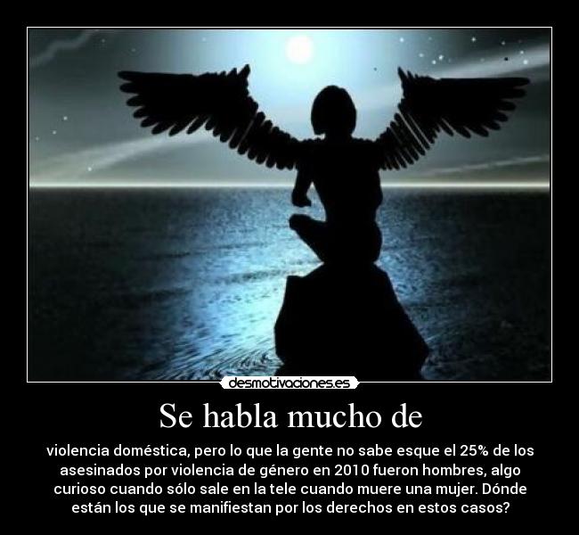 Se habla mucho de - violencia doméstica, pero lo que la gente no sabe esque el 25% de los
asesinados por violencia de género en 2010 fueron hombres, algo
curioso cuando sólo sale en la tele cuando muere una mujer. Dónde
están los que se manifiestan por los derechos en estos casos?