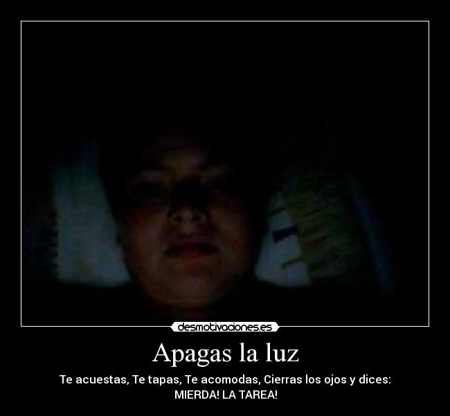 Apagas la luz - Te acuestas, Te tapas, Te acomodas, Cierras los ojos y dices:
MIERDA! LA TAREA!