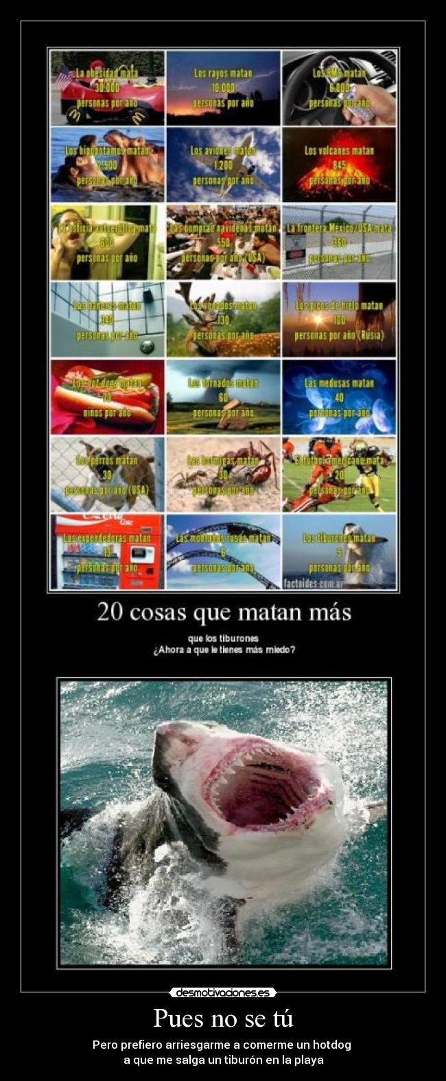 Pues no se tú - Pero prefiero arriesgarme a comerme un hotdog
a que me salga un tiburón en la playa
