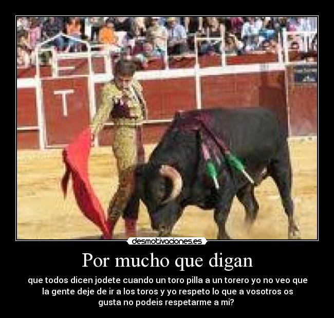 Por mucho que digan - que todos dicen jodete cuando un toro pilla a un torero yo no veo que
la gente deje de ir a los toros y yo respeto lo que a vosotros os
gusta no podeis respetarme a mi? 