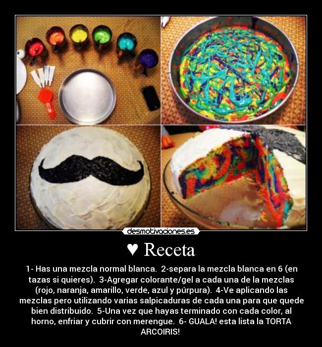 ♥ Receta - 1- Has una mezcla normal blanca. 2-separa la mezcla blanca en 6 (en
tazas si quieres). 3-Agregar colorante/gel a cada una de la mezclas
(rojo, naranja, amarillo, verde, azul y púrpura). 4-Ve aplicando las
mezclas pero utilizando varias salpicaduras de cada una para que quede
bien distribuido. 5-Una vez que hayas terminado con cada color, al
horno, enfriar y cubrir con merengue. 6- GUALA! esta lista la TORTA
ARCOIRIS!