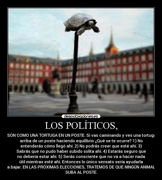 LOS POLÍTICOS, -  SON COMO UNA TORTUGA EN UN POSTE. Si vas caminando y ves una tortuga
arriba de un poste haciendo equilibrio ¿Qué se te ocurre? 1) No
entenderás cómo llegó ahí. 2) No podrás creer que esté ahí. 3)
Sabrás que no pudo haber subido solita ahí. 4) Estarás seguro que
no debería estar ahí. 5) Serás consciente que no va a hacer nada
útil mientras esté ahí. Entonces lo único sensato sería ayudarla
a bajar. EN LAS PRÓXIMAS ELECCIONES, TRATEMOS DE QUE NINGÚN ANIMAL
SUBA AL POSTE.