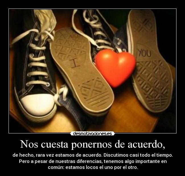Nos cuesta ponernos de acuerdo, - de hecho, rara vez estamos de acuerdo. Discutimos casi todo el tiempo.
Pero a pesar de nuestras diferencias, tenemos algo importante en
común: estamos locos el uno por el otro.