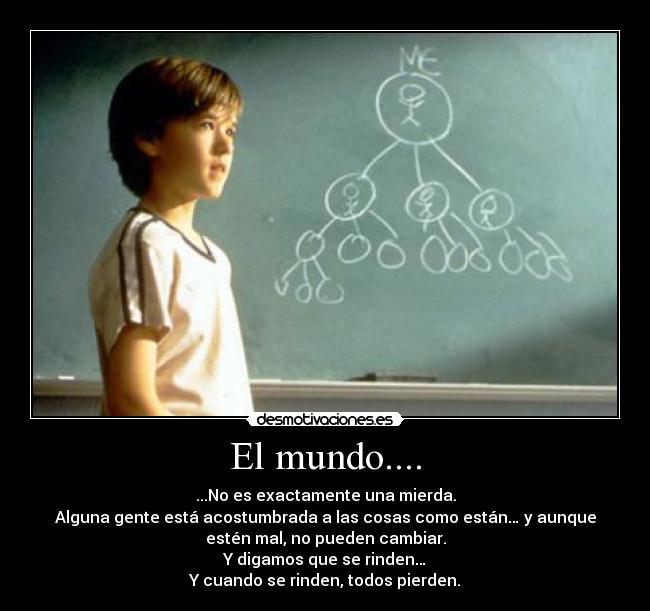 El mundo.... - ...No es exactamente una mierda.
Alguna gente está acostumbrada a las cosas como están… y aunque
estén mal, no pueden cambiar.
Y digamos que se rinden…
Y cuando se rinden, todos pierden.