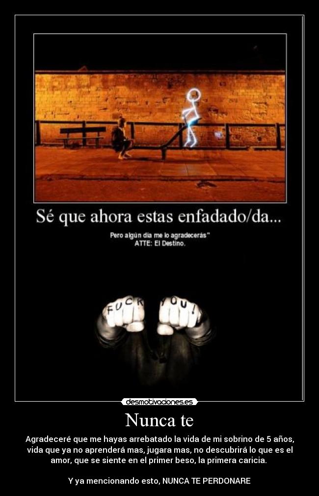 Nunca te - Agradeceré que me hayas arrebatado la vida de mi sobrino de 5 años,
vida que ya no aprenderá mas, jugara mas, no descubrirá lo que es el
amor, que se siente en el primer beso, la primera caricia. 

Y ya mencionando esto, NUNCA TE PERDONARE