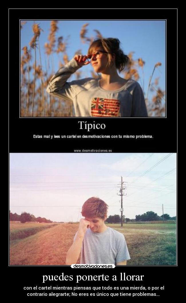 puedes ponerte a llorar -  con el cartel mientras piensas que todo es una mierda, o por el
contrario alegrarte; No eres es único que tiene problemas...