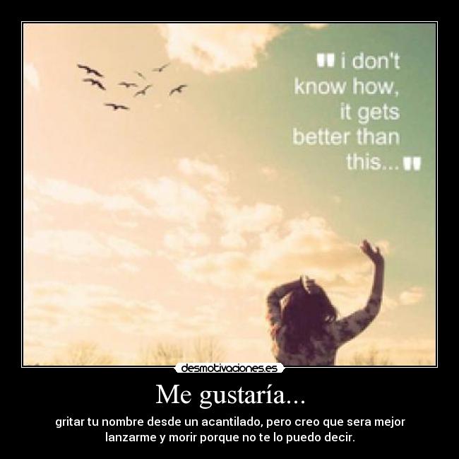 Me gustaría... - gritar tu nombre desde un acantilado, pero creo que sera mejor
lanzarme y morir porque no te lo puedo decir.