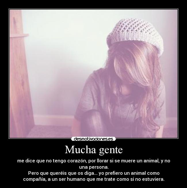 Mucha gente - me dice que no tengo corazón, por llorar si se muere un animal, y no
una persona.
Pero que queréis que os diga... yo prefiero un animal como
compañía, a un ser humano que me trate como si no estuviera.