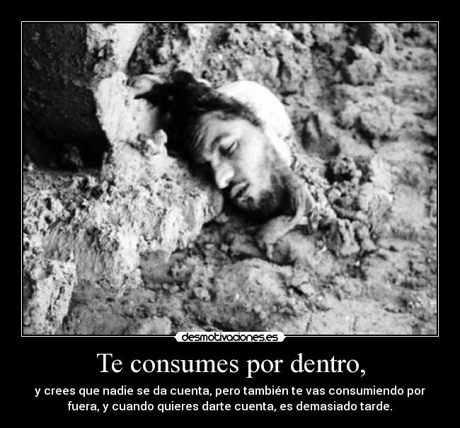 Te consumes por dentro, - y crees que nadie se da cuenta, pero también te vas consumiendo por
fuera, y cuando quieres darte cuenta, es demasiado tarde.