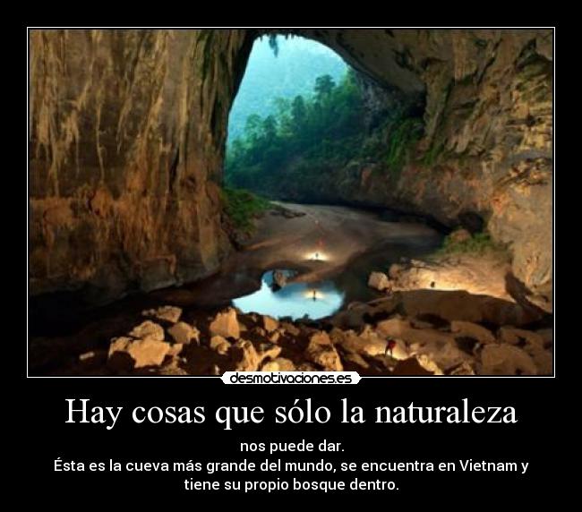 Hay cosas que sólo la naturaleza - nos puede dar.
Ésta es la cueva más grande del mundo, se encuentra en Vietnam y
tiene su propio bosque dentro.