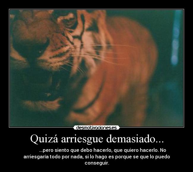 Quizá arriesgue demasiado... - ...pero siento que debo hacerlo, que quiero hacerlo. No
arriesgaría todo por nada, si lo hago es porque se que lo puedo
conseguir.