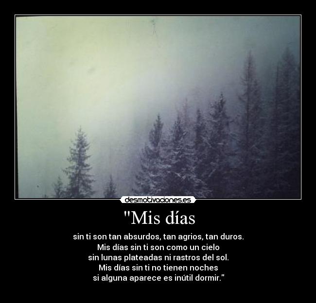 Mis días - sin ti son tan absurdos, tan agrios, tan duros.
Mis días sin ti son como un cielo
sin lunas plateadas ni rastros del sol.
Mis días sin ti no tienen noches
si alguna aparece es inútil dormir.