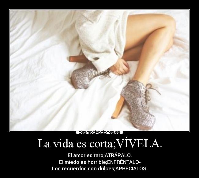 La vida es corta;VÍVELA. - El amor es raro;ATRÁPALO.
El miedo es horrible;ENFRÉNTALO-
Los recuerdos son dulces;APRÉCIALOS.