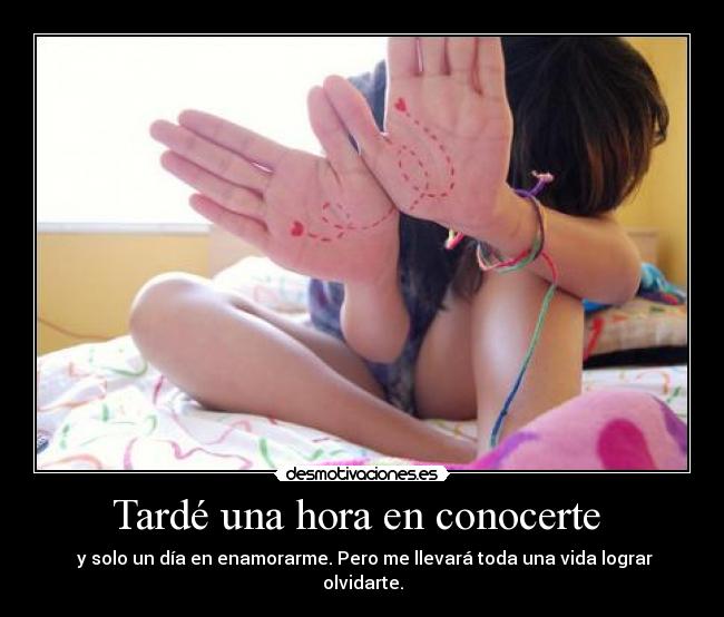 Tardé una hora en conocerte  -  y solo un día en enamorarme. Pero me llevará toda una vida lograr olvidarte.