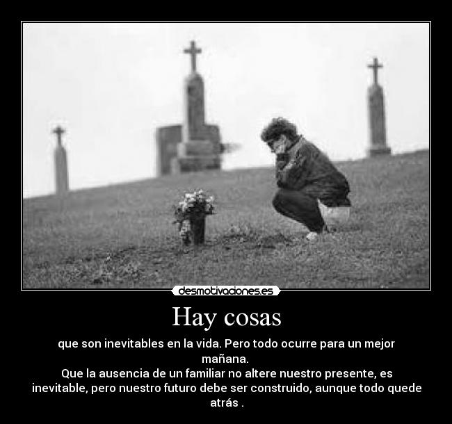 Hay cosas - que son inevitables en la vida. Pero todo ocurre para un mejor
mañana.
Que la ausencia de un familiar no altere nuestro presente, es
inevitable, pero nuestro futuro debe ser construido, aunque todo quede
atrás .