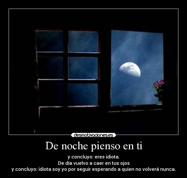 De noche pienso en ti - y concluyo: eres idiota.
De día vuelvo a caer en tus ojos
y concluyo: idiota soy yo por seguir esperando a quien no volverá nunca.