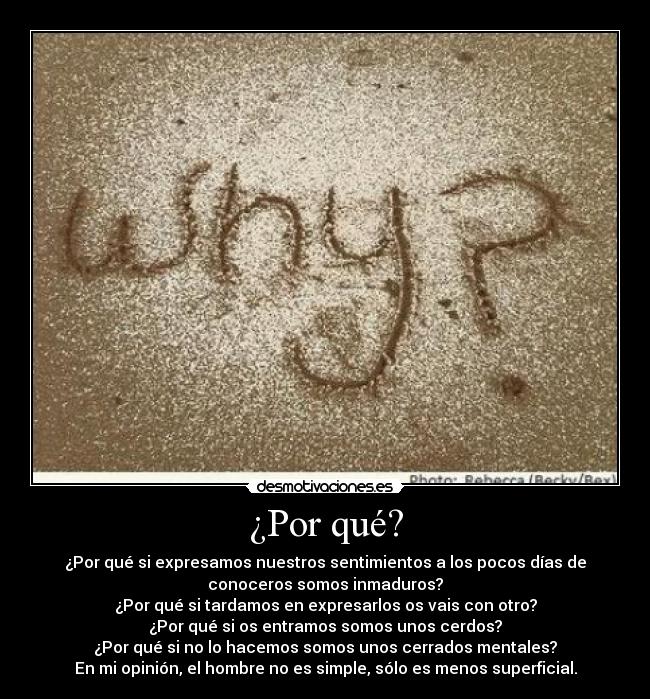 ¿Por qué? - ¿Por qué si expresamos nuestros sentimientos a los pocos días de
conoceros somos inmaduros?
¿Por qué si tardamos en expresarlos os vais con otro?
¿Por qué si os entramos somos unos cerdos?
¿Por qué si no lo hacemos somos unos cerrados mentales?
En mi opinión, el hombre no es simple, sólo es menos superficial.