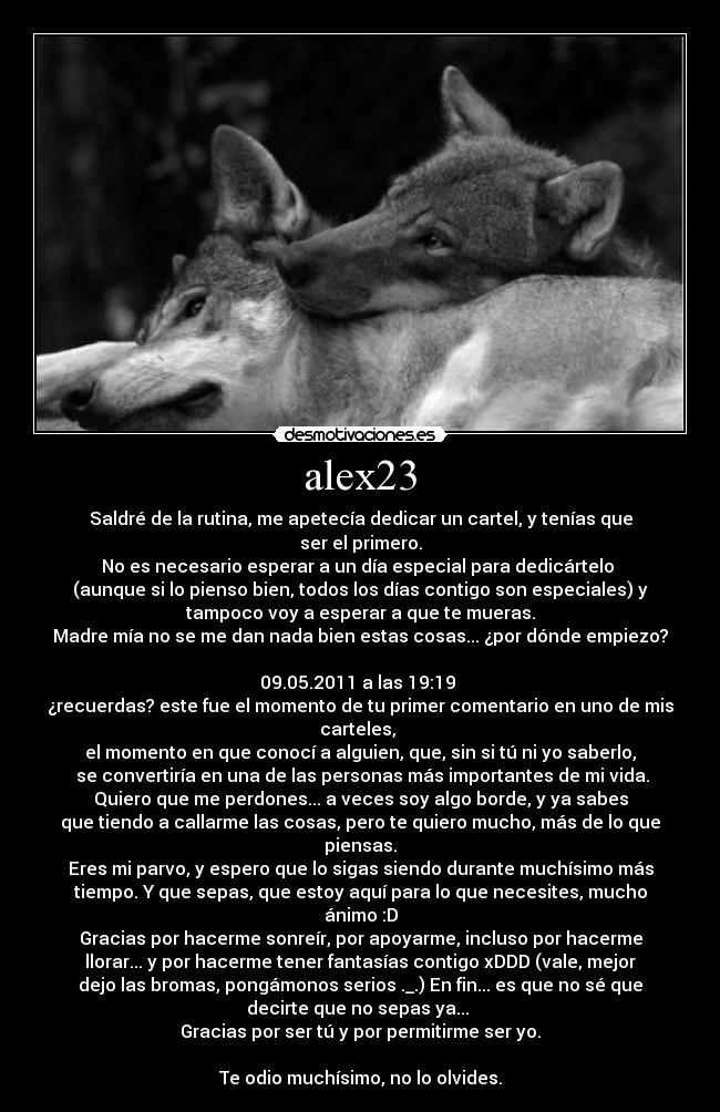 alex23 - Saldré de la rutina, me apetecía dedicar un cartel, y tenías que
ser el primero.
No es necesario esperar a un día especial para dedicártelo 
(aunque si lo pienso bien, todos los días contigo son especiales) y
tampoco voy a esperar a que te mueras.
Madre mía no se me dan nada bien estas cosas... ¿por dónde empiezo?

09.05.2011 a las 19:19 
¿recuerdas? este fue el momento de tu primer comentario en uno de mis
carteles, 
el momento en que conocí a alguien, que, sin si tú ni yo saberlo,
 se convertiría en una de las personas más importantes de mi vida.
Quiero que me perdones... a veces soy algo borde, y ya sabes
que tiendo a callarme las cosas, pero te quiero mucho, más de lo que
piensas.
Eres mi parvo, y espero que lo sigas siendo durante muchísimo más
tiempo. Y que sepas, que estoy aquí para lo que necesites, mucho
ánimo :D
Gracias por hacerme sonreír, por apoyarme, incluso por hacerme
llorar... y por hacerme tener fantasías contigo xDDD (vale, mejor
dejo las bromas, pongámonos serios ._.) En fin... es que no sé que
decirte que no sepas ya... 
Gracias por ser tú y por permitirme ser yo.

Te odio muchísimo, no lo olvides.