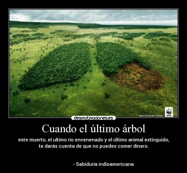 Cuando el último árbol - este muerto, el ultimo río envenenado y el último animal extinguido,
te darás cuenta de que no puedes comer dinero.

                                                                      
                 - Sabiduría indioamericana