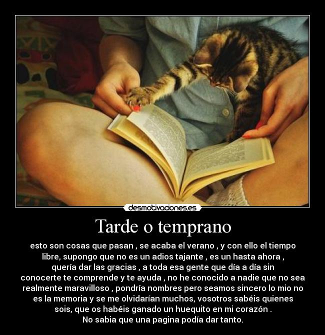 Tarde o temprano - esto son cosas que pasan , se acaba el verano , y con ello el tiempo
libre, supongo que no es un adios tajante , es un hasta ahora ,
quería dar las gracias , a toda esa gente que día a día sin
conocerte te comprende y te ayuda , no he conocido a nadie que no sea
realmente maravilloso , pondría nombres pero seamos sincero lo mio no
es la memoria y se me olvidarían muchos, vosotros sabéis quienes
sois, que os habéis ganado un huequito en mi corazón .
No sabia que una pagina podía dar tanto.