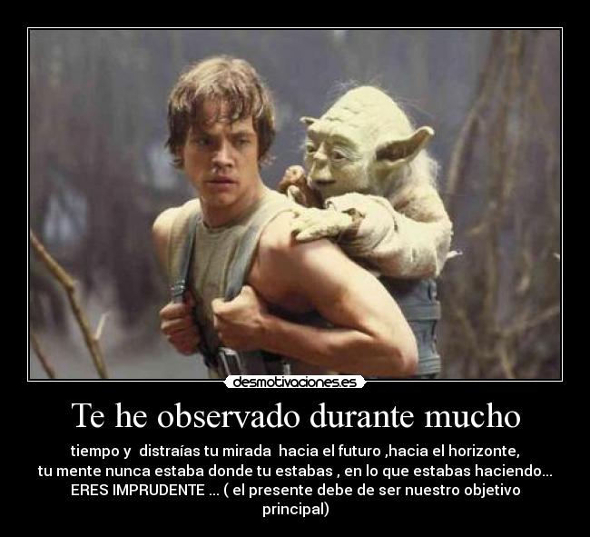 Te he observado durante mucho - tiempo y  distraías tu mirada  hacia el futuro ,hacia el horizonte,
tu mente nunca estaba donde tu estabas , en lo que estabas haciendo...
ERES IMPRUDENTE ... ( el presente debe de ser nuestro objetivo
principal)