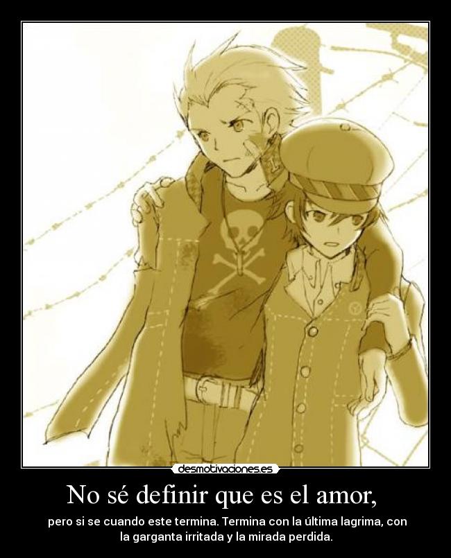 No sé definir que es el amor, - pero si se cuando este termina. Termina con la última lagrima, con
la garganta irritada y la mirada perdida.